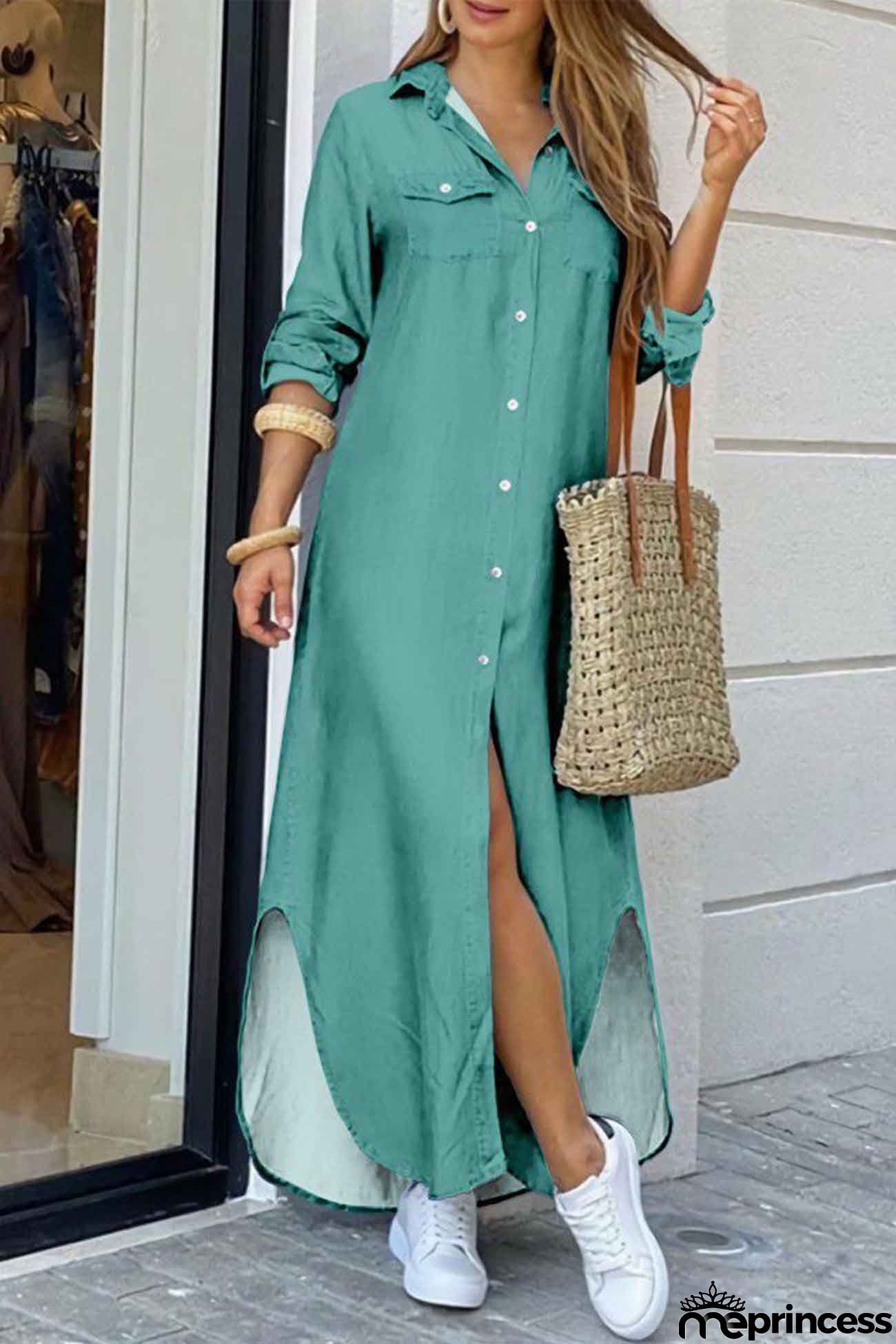 Long Sleeve Button Up Pocket Shirt Dress