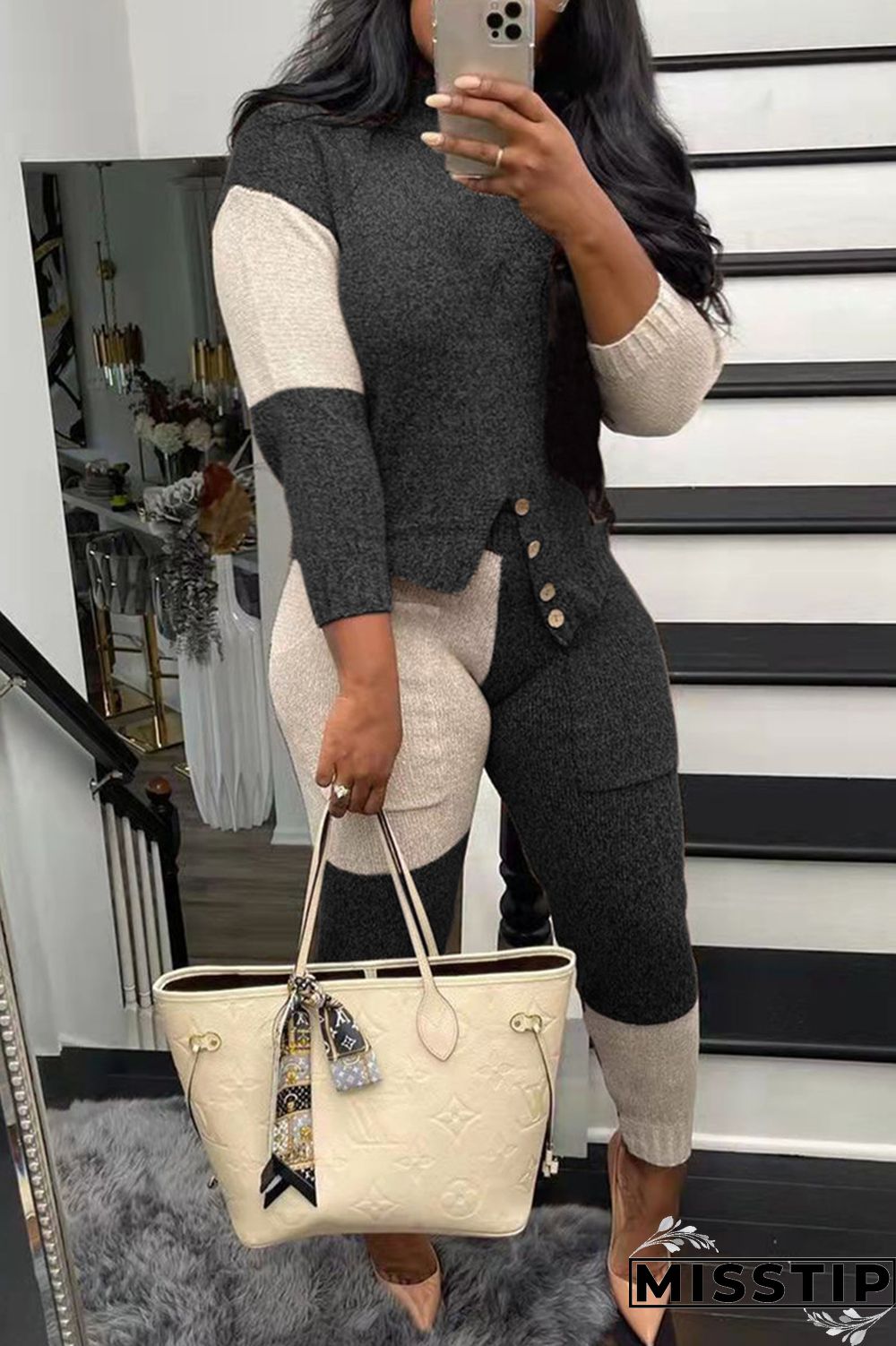 Black Fashion Casual Patchwork Asymmetrical O Neck Long Sleeve Two Pieces