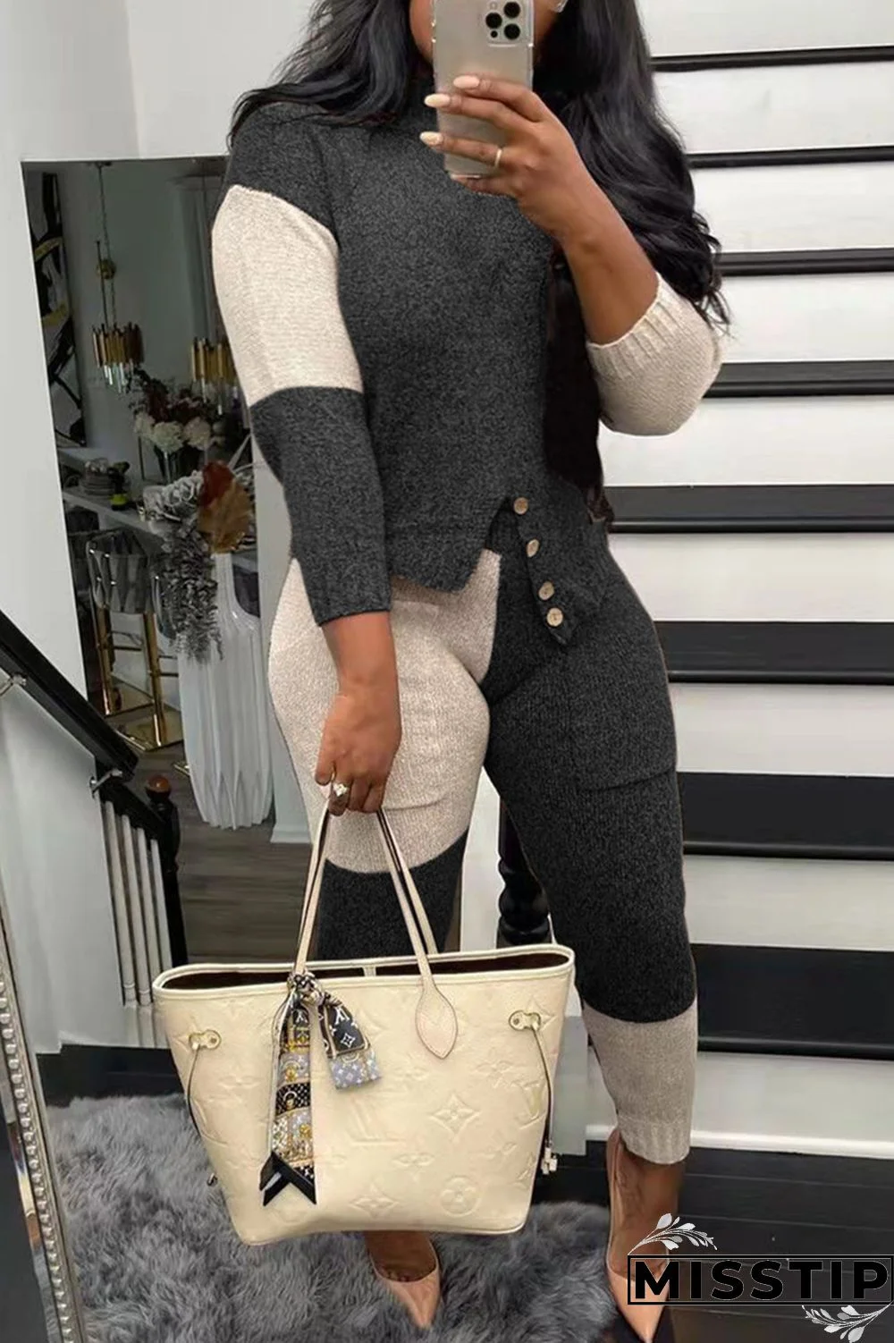 Black Fashion Casual Patchwork Asymmetrical O Neck Long Sleeve Two Pieces