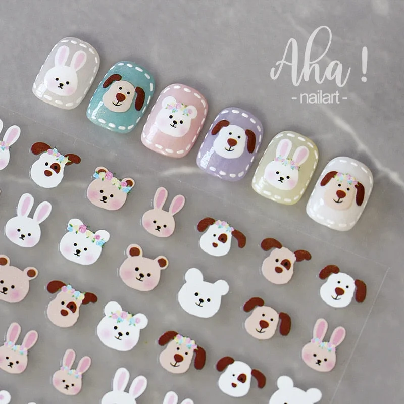 Nail Glue Stickers Ins Stars Moon Cartoon Rabbit Panda Flower Nail Decoration Decals Nail Sticker Animal Nail Art Decorations-Nail Inspo