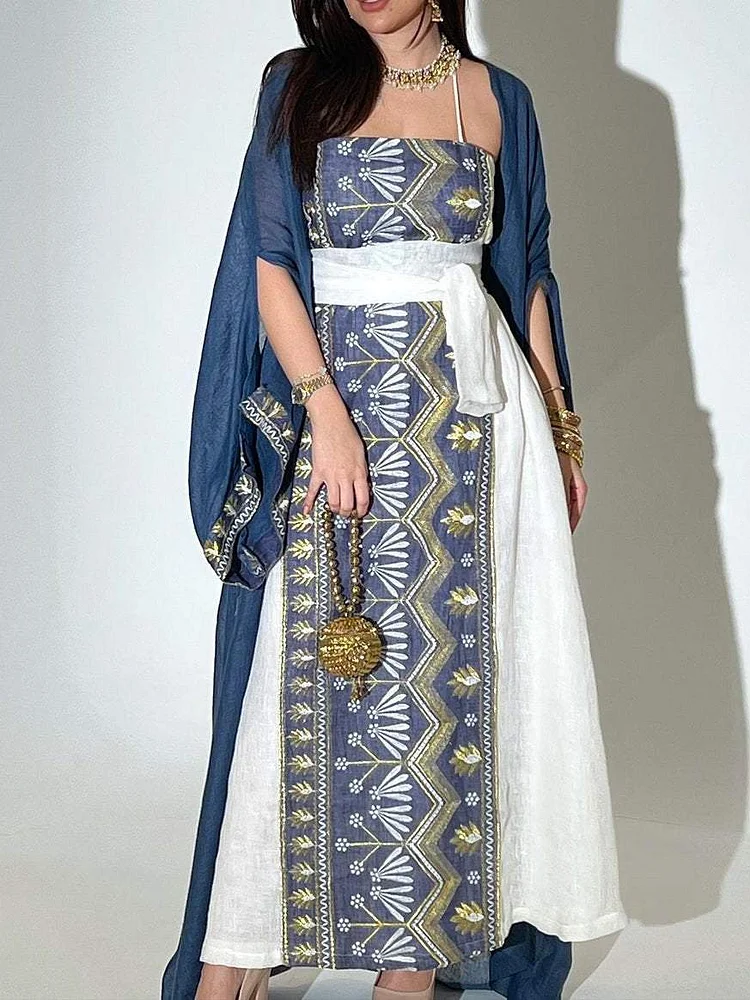 Ethnic Pattern Bustier Dress and Solid Color Tunic Set