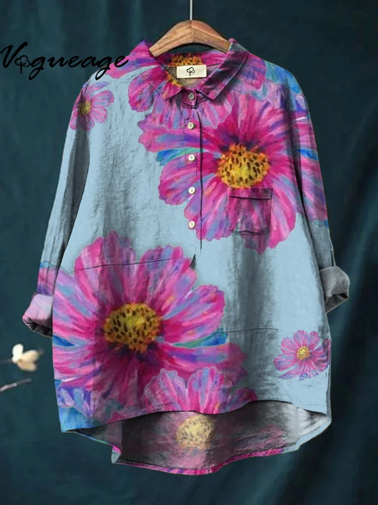 Generous And Comfortable Flowers Print Cotton And Linen Shirt