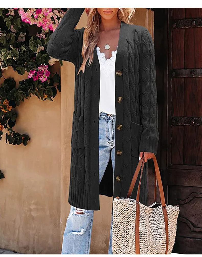 Cable Knit Long Cardigan Button Sweater