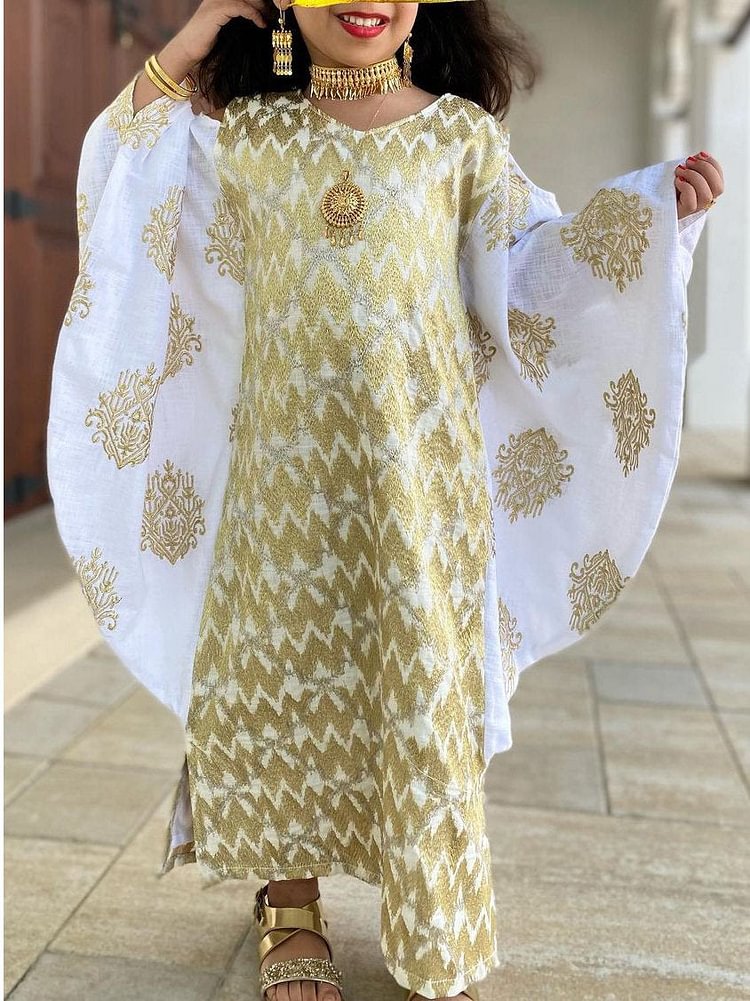 Ethnic Pattern Splicing Bat Sleeve Children's Dresses