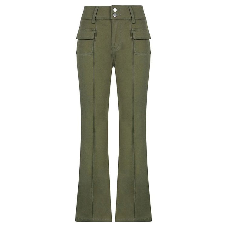 Rapcopter y2k Green Cargo Jeans Pockets High Waisted Flare Pants Women Vintage Harajuku Sweatpants Streetwear Women Korean Jeans