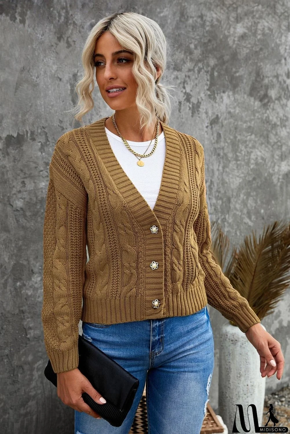 MidiSono - Buttons Weave Knit Cardigan