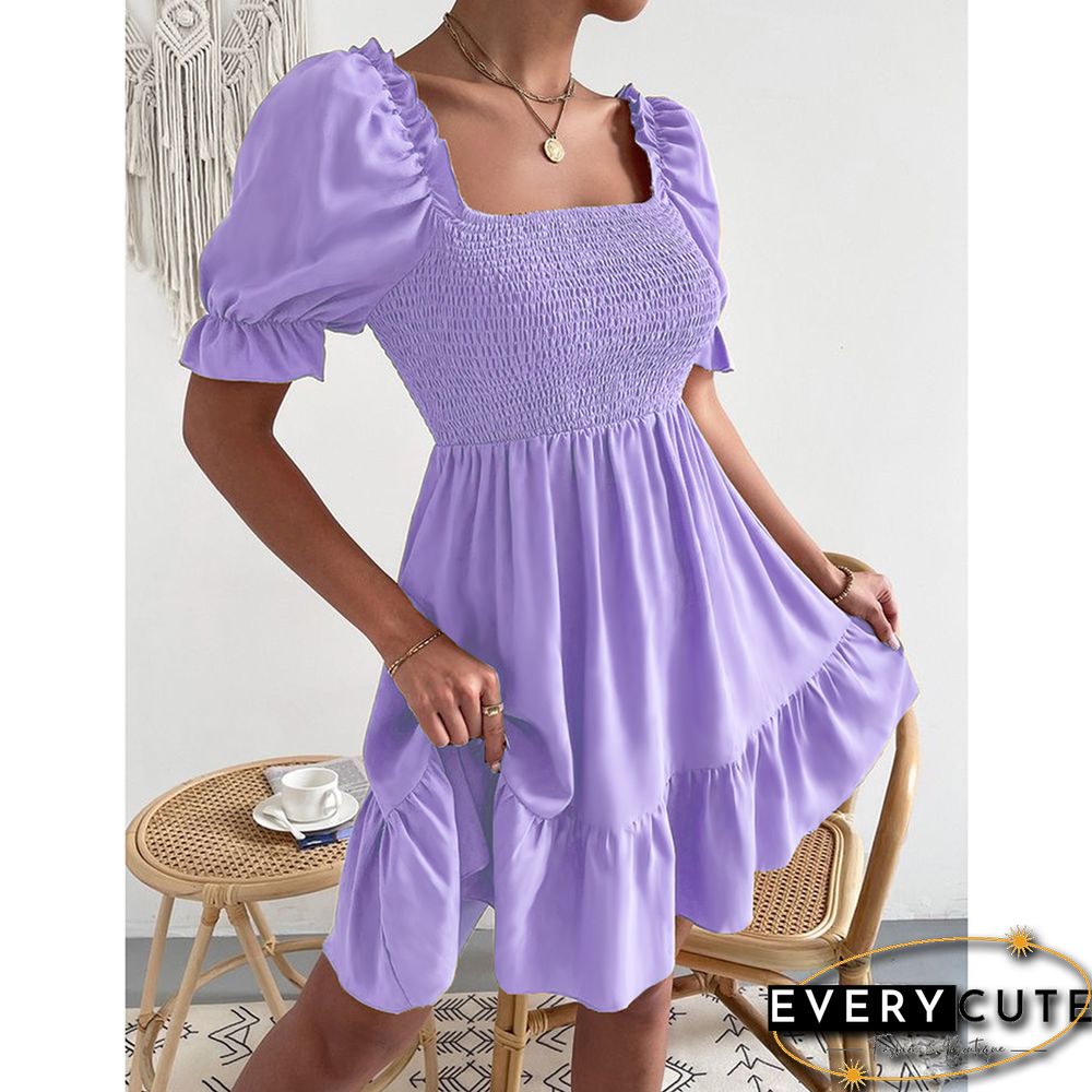 Light Purple Square Neck Short Sleeve Ruffle Mini Dresses