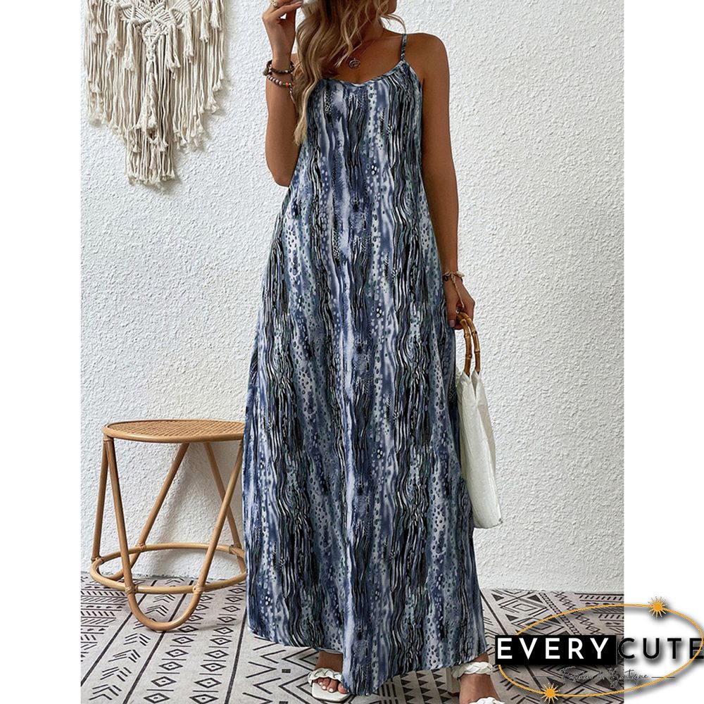 Gray Printed Spaghetti Straps Maxi Dress