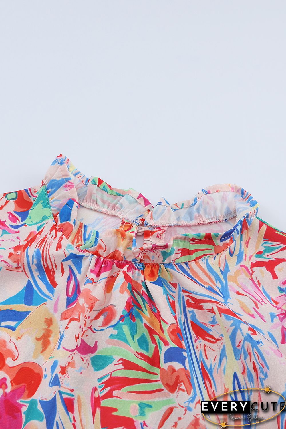 Multicolor Abstract Striped Patchwork Ruffled Short Sleeve Blouse