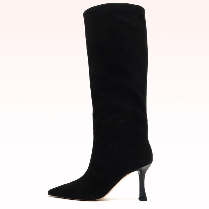 Women's Vegan Suede Pointed Toe Flared Heel Black Tall Boots Nicepairs