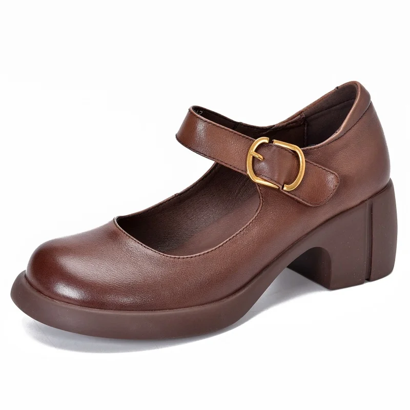 Handmade Leather Pumps Mary Jane Heels Sandals Womens Round Toe  Retro Buckle Sandals Black/Brown