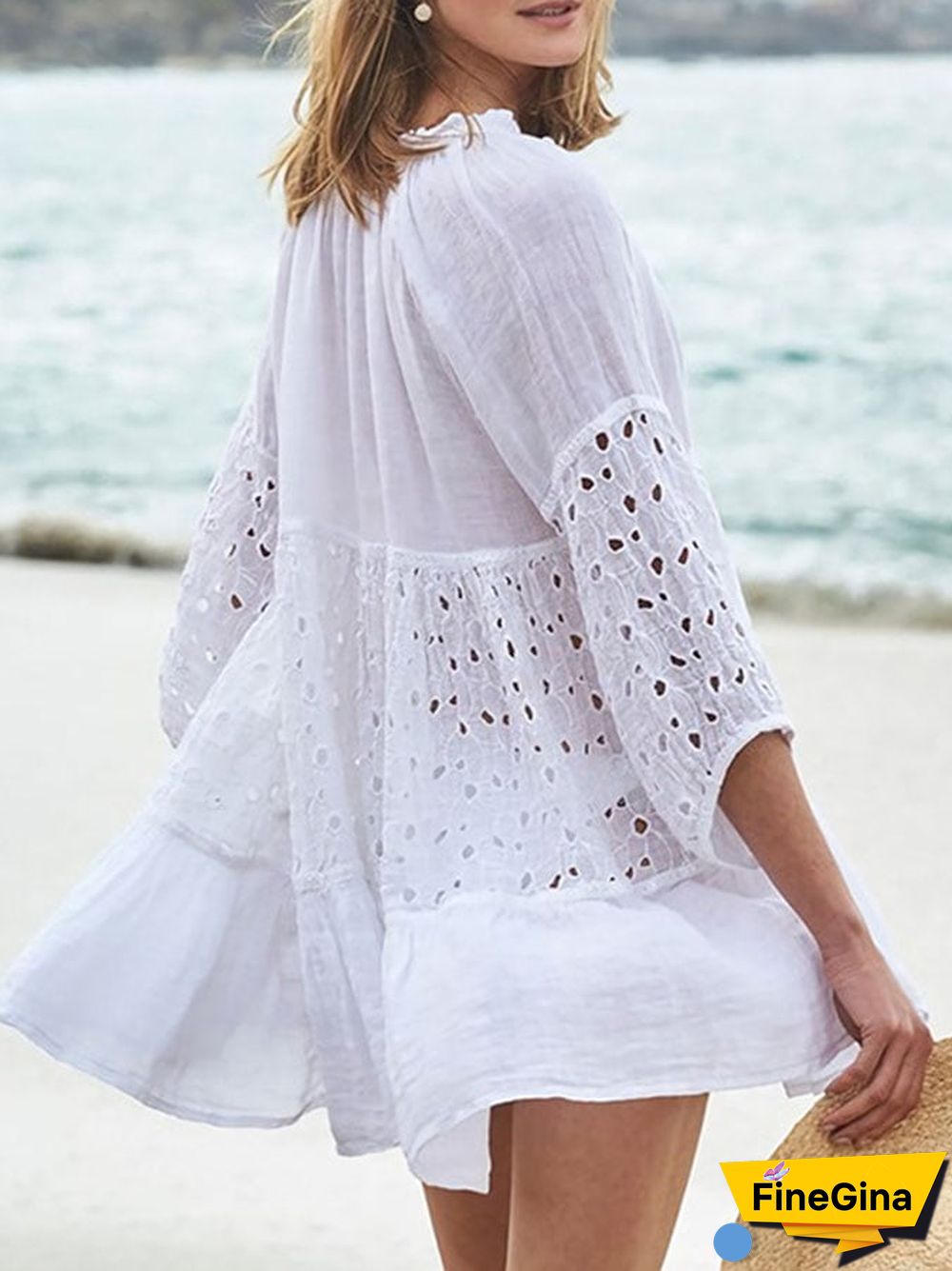 Woven slub cotton patchwork lace beach skirt sun-proof clothing loose bikini blouse