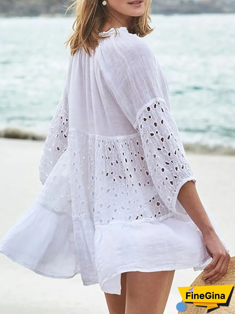 Woven slub cotton patchwork lace beach skirt sun-proof clothing loose bikini blouse