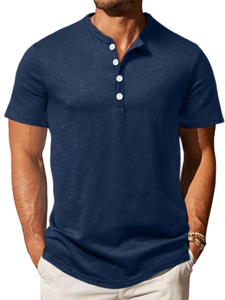 Men's Slub Henley Collar Button-Down Short Sleeve T-Shirt