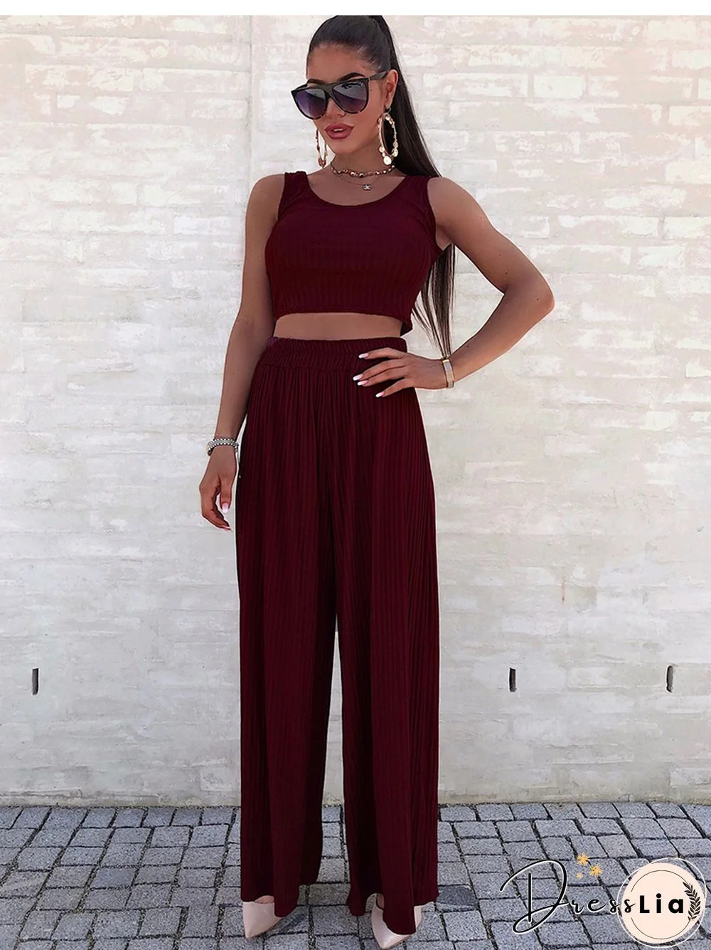 Casual Two Piece Sets Women Summer Fashion Sexy Vest Set Elegant High Waist Wide Pants Set Female Solid New Femme