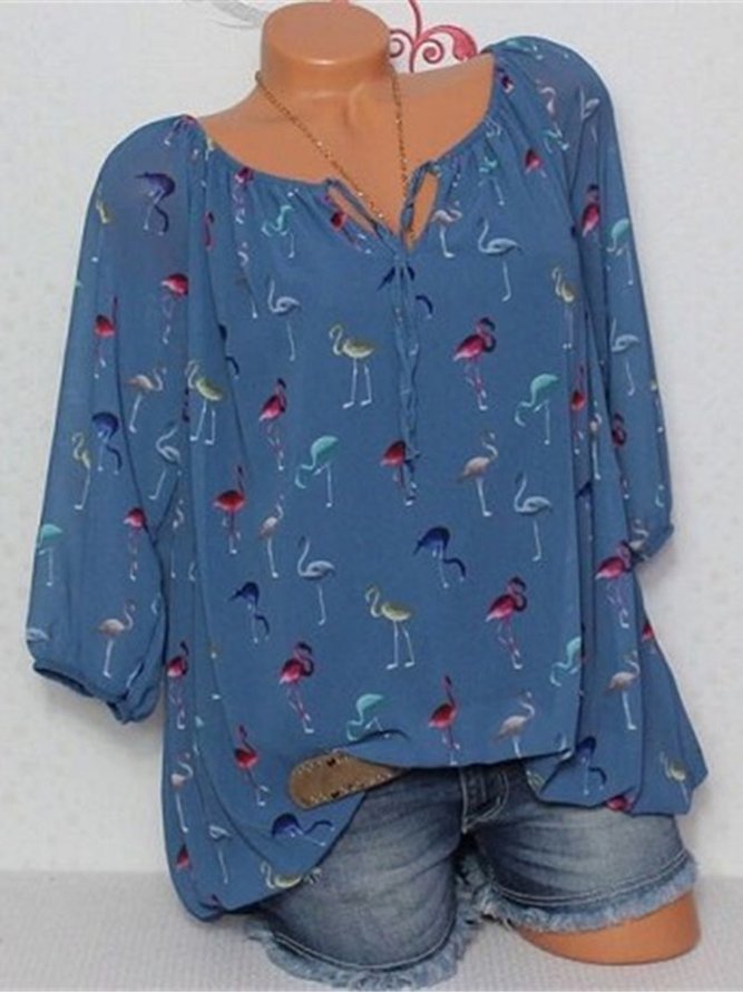 Flamingo Print 3 4 Sleeve Blouses Zaesvini