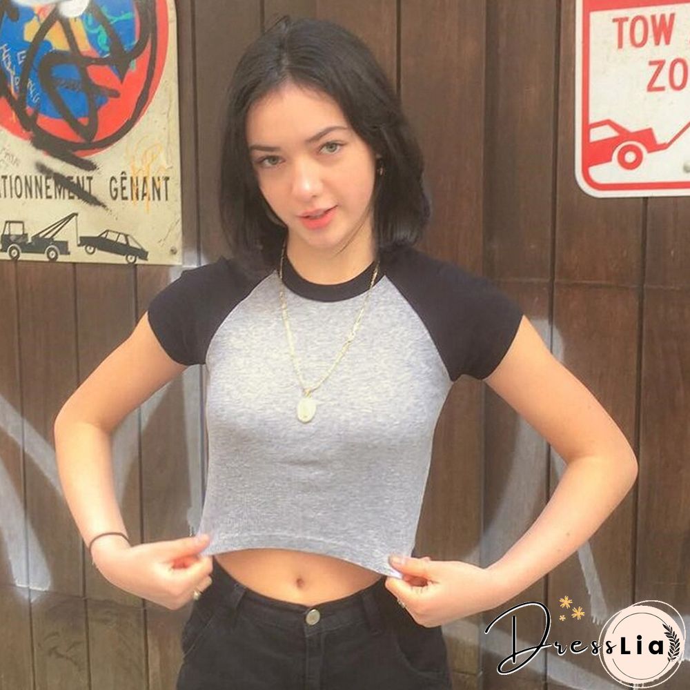 Weekeep Colorblocked T-Shirt Women Fashion Patchwork Short-sleeved T-shirts Summer New Casual O-Neck Crop Tops