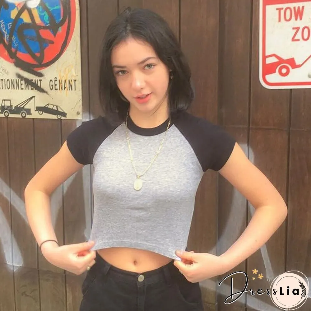 Weekeep Colorblocked T-Shirt Women Fashion Patchwork Short-sleeved T-shirts Summer New Casual O-Neck Crop Tops