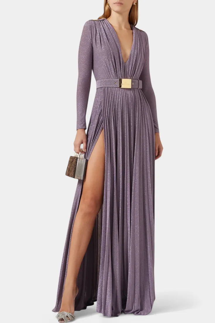 Pleated Long Sleeve Maxi Dress with High Slit