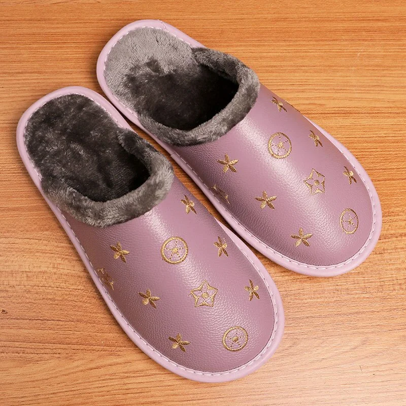 Hot Waterproof Leather Slippers Men Winter Warm Home Cotton Shoes Women Brand Luxury Indoor Fur Slippers Couple Shoes