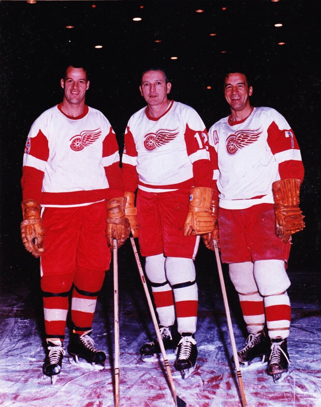 Gordie Howe,Ted Lindsay,Sid Abel color Production Line Detroit Red Wings Photo Poster painting#1