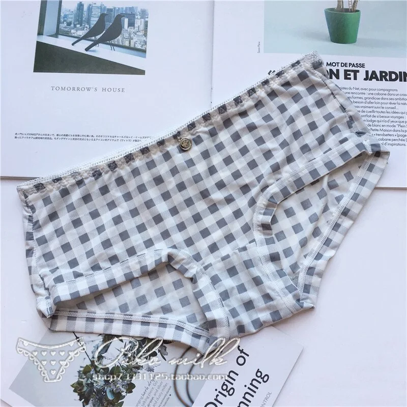 Billionm Colors Ice Silk Printing Cute Students Low Waist Cartoon Plaid Women's New Underwear Lolita Fruit Animal Fashion Panties Bow