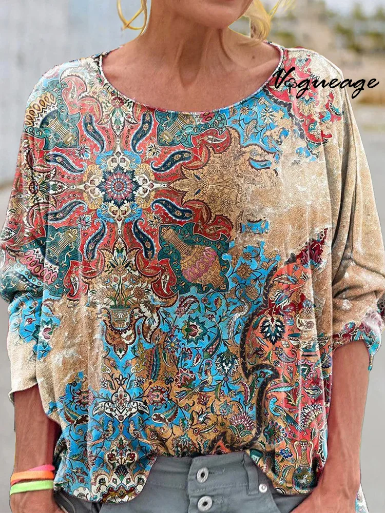 Bohemian Retro Art Print Round Neck Loose Long Sleeve T-Shirt