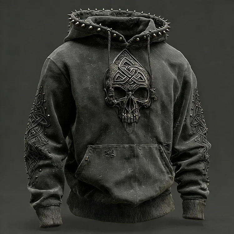 Men's Retro Viking Celtic Knot Skull Studded Hoodie