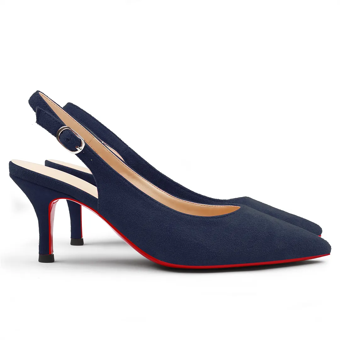 60mm Women's Pointed Toe Slingback Kitten Heels Red Bottom Suede Pumps-vocosishoes