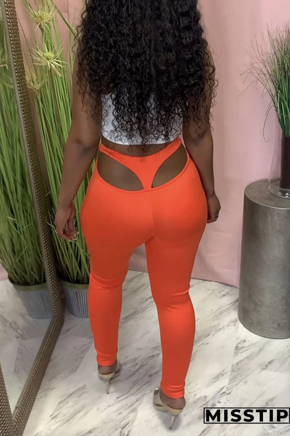 Orange Fashion Casual Solid Hollowed Out Regular High Waist Pencil Trousers