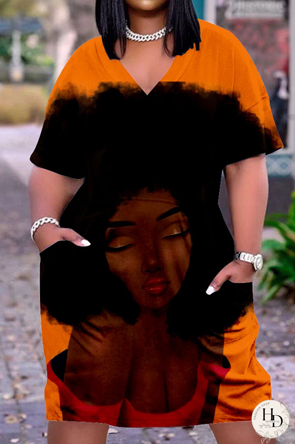 Shallow Yellow Fashion Casual Print Basic V Neck Short Sleeve Dress