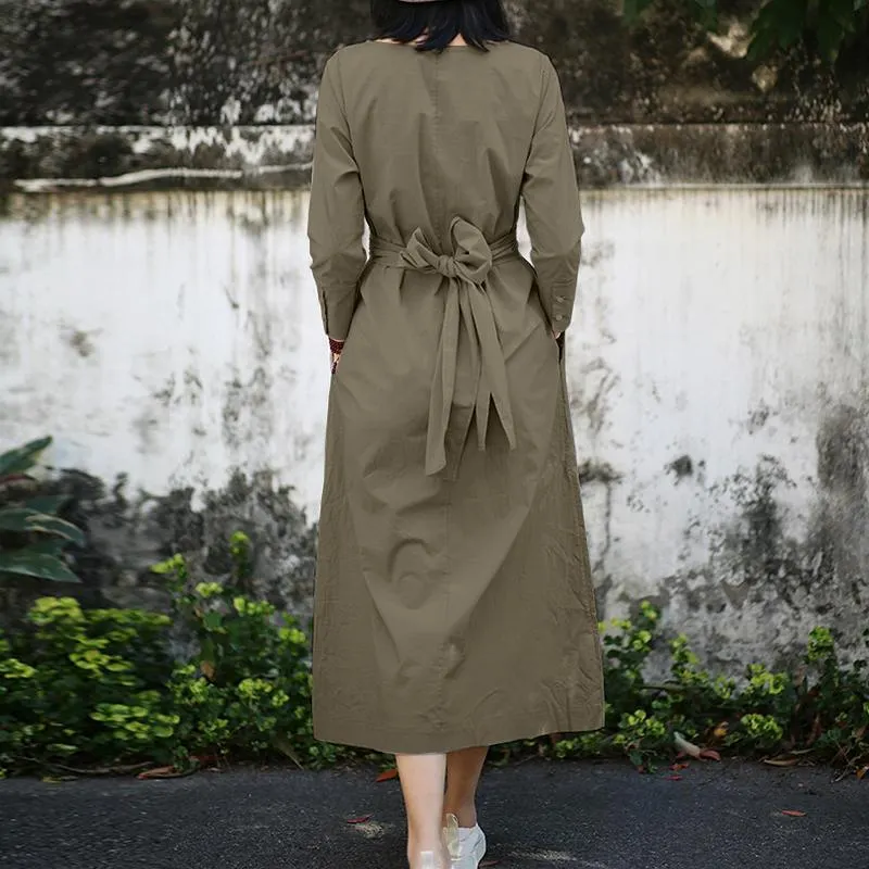 2022 ZANZEA Women Elegant Spring Long Sleeve Lace Up Sundress Vintage OL Work Vestidos Solid Kaftan Dress Robe Femme Oversize