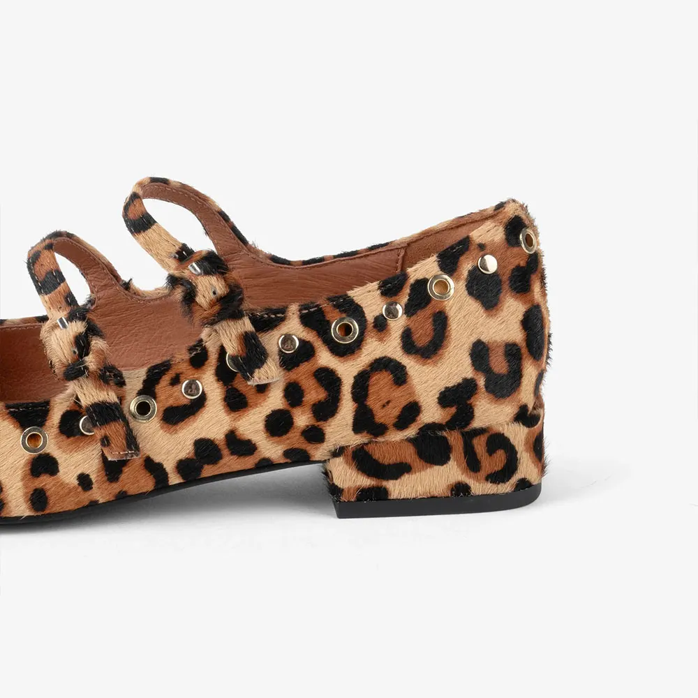 Brown Square Toe Block Heel Leopard Print Mary Jane Pumps for Women