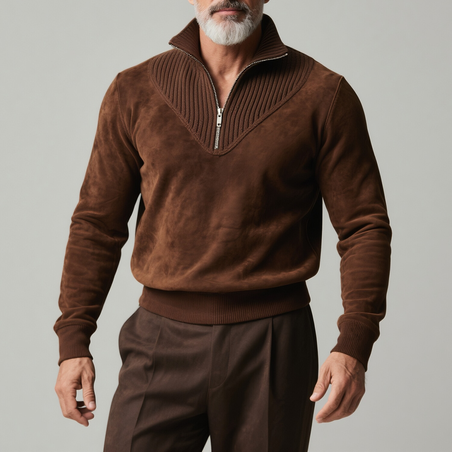 Men's Suede Long Sleeve Ribbed Half Zip Pullover Sweatshirt
