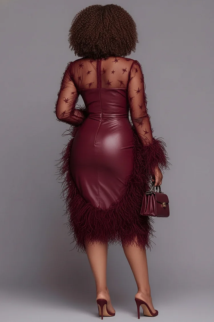 Xpluswear Design Plus Size Cocktail Party Burgundy Round Neck Long Sleeve Trimmings Elegant See Through Tulle PU Leather Midi Dresses [Pre-Order]