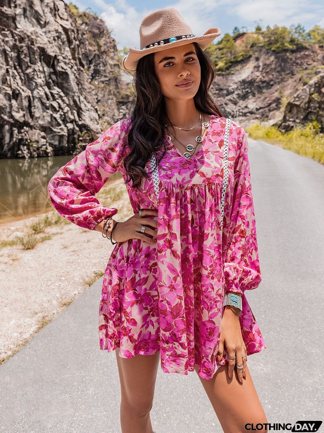 Long Sleeve V-Neck Mini Dress