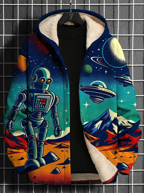 Men's Outer Space Robot Exploration Print Long Sleeve Hooded Coat
