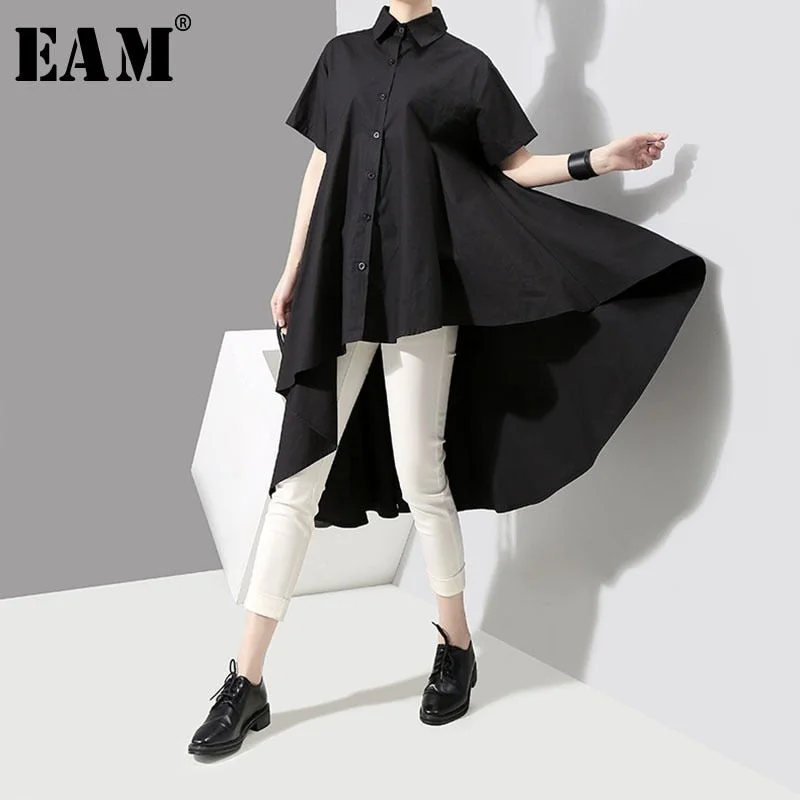 [EAM] 2021 New Spring Autumn Lapel Long Sleeve Black Dovetail Loose Irregular Pleated Hem Shirt Dress Women Fashion Tide JH439