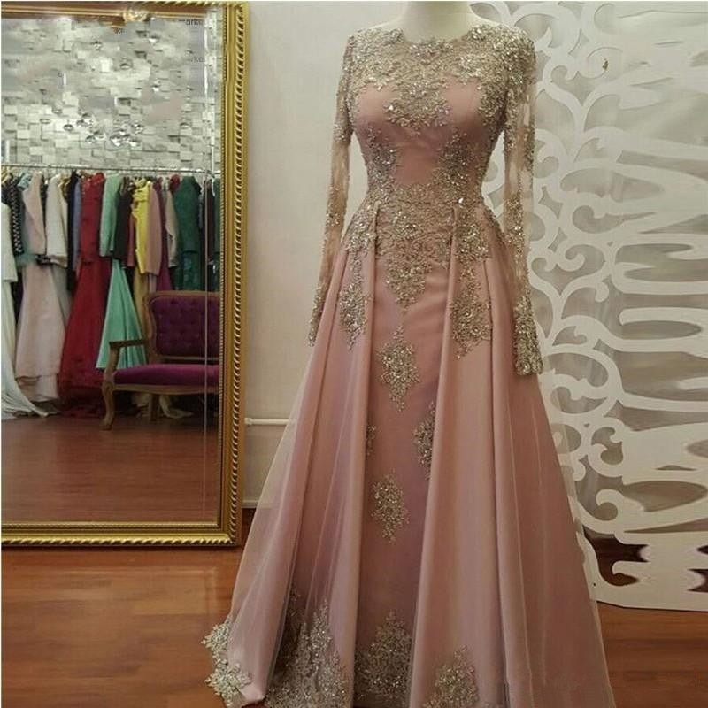 Blush Rose Gold Long Sleeve Evening Dresses For Women Wear Lace Appliques Crystal Abiye Dubai Caftan Muslim Prom Party Gowns 1229