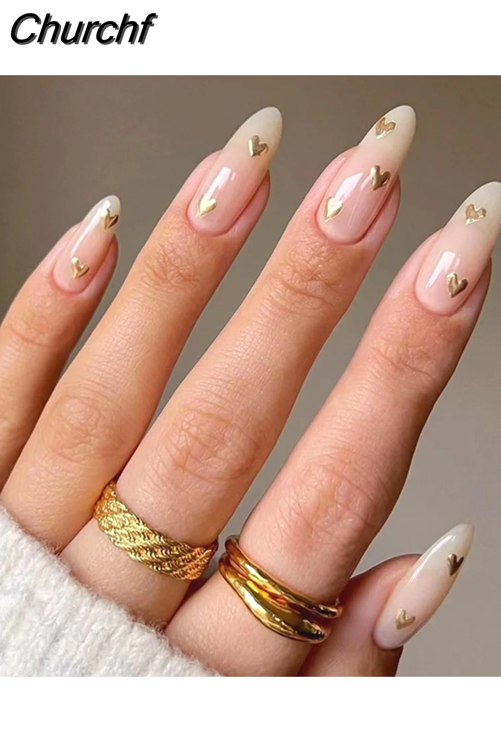 Churchf Almond False Nails Press On Nails Detachable Fake Nail Tip gold heart with Design Manicure Patches Press On Nails-Nail Inspo