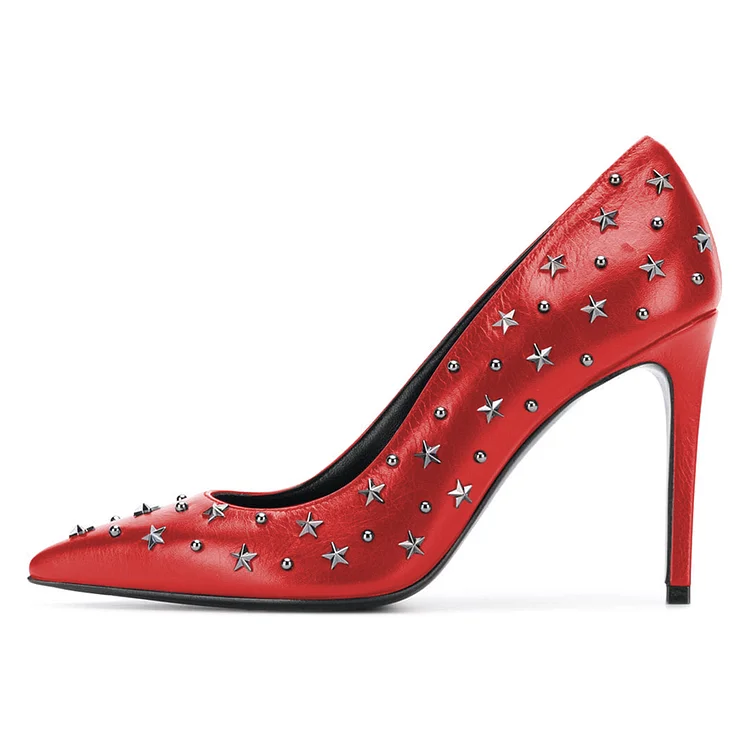 Vintage Red Stiletto Shoes Star Pattern Studded Pumps Heels |FSJ Shoes