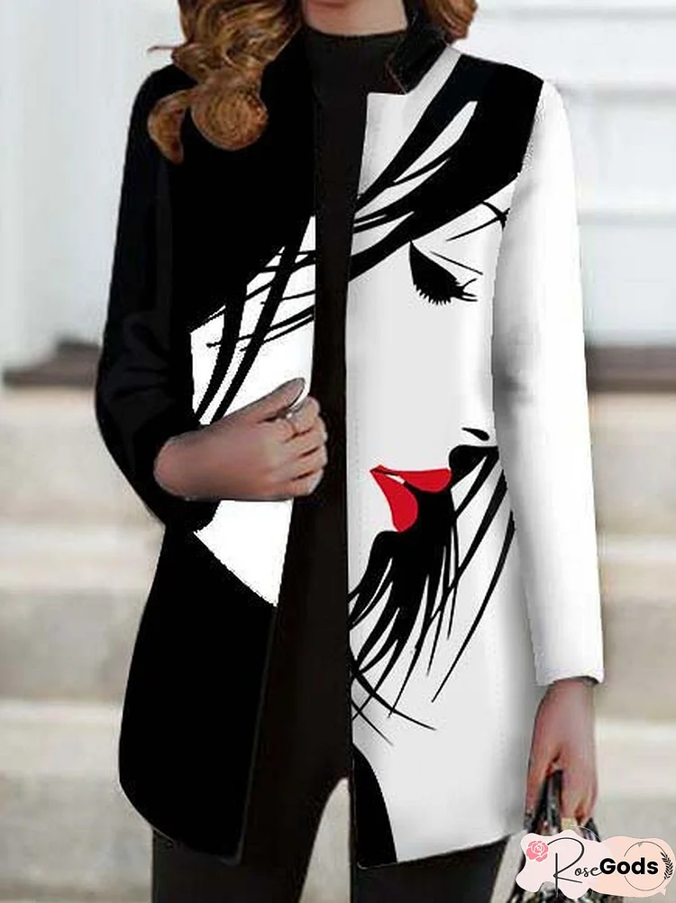 Fashion Abstract Printed Loosen Stand Collar Outerwear