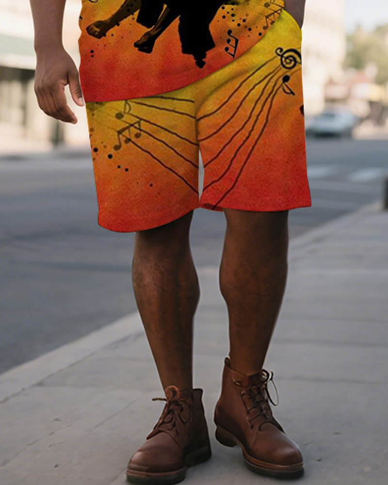 Men's Plus Size Green Yellow Red Gradient Colorblock Music Print Short Sleeve Polo Shirt Shorts Suit