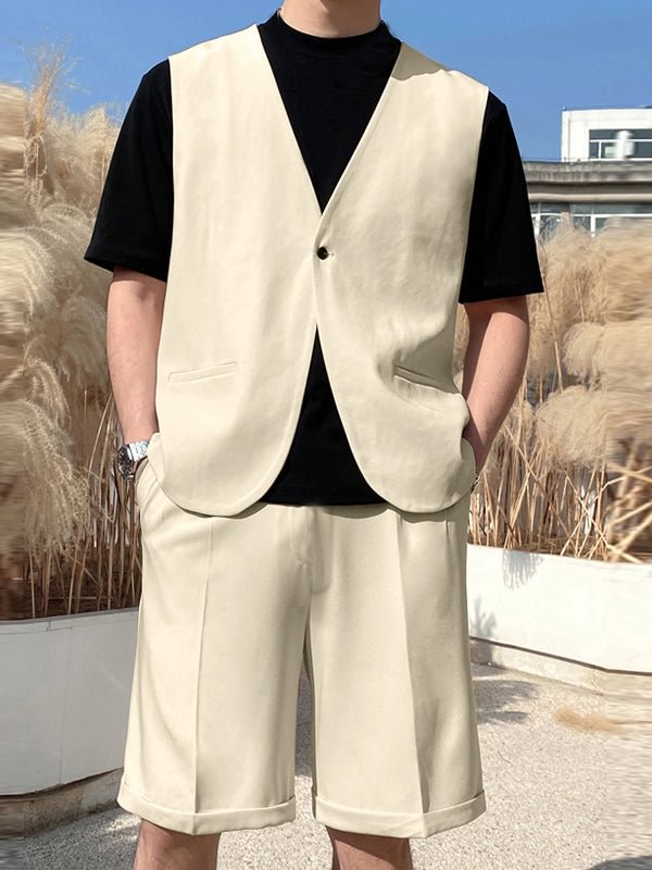 Mens Button Pocket Casual Waistcoat Shorts Set SKUI80886