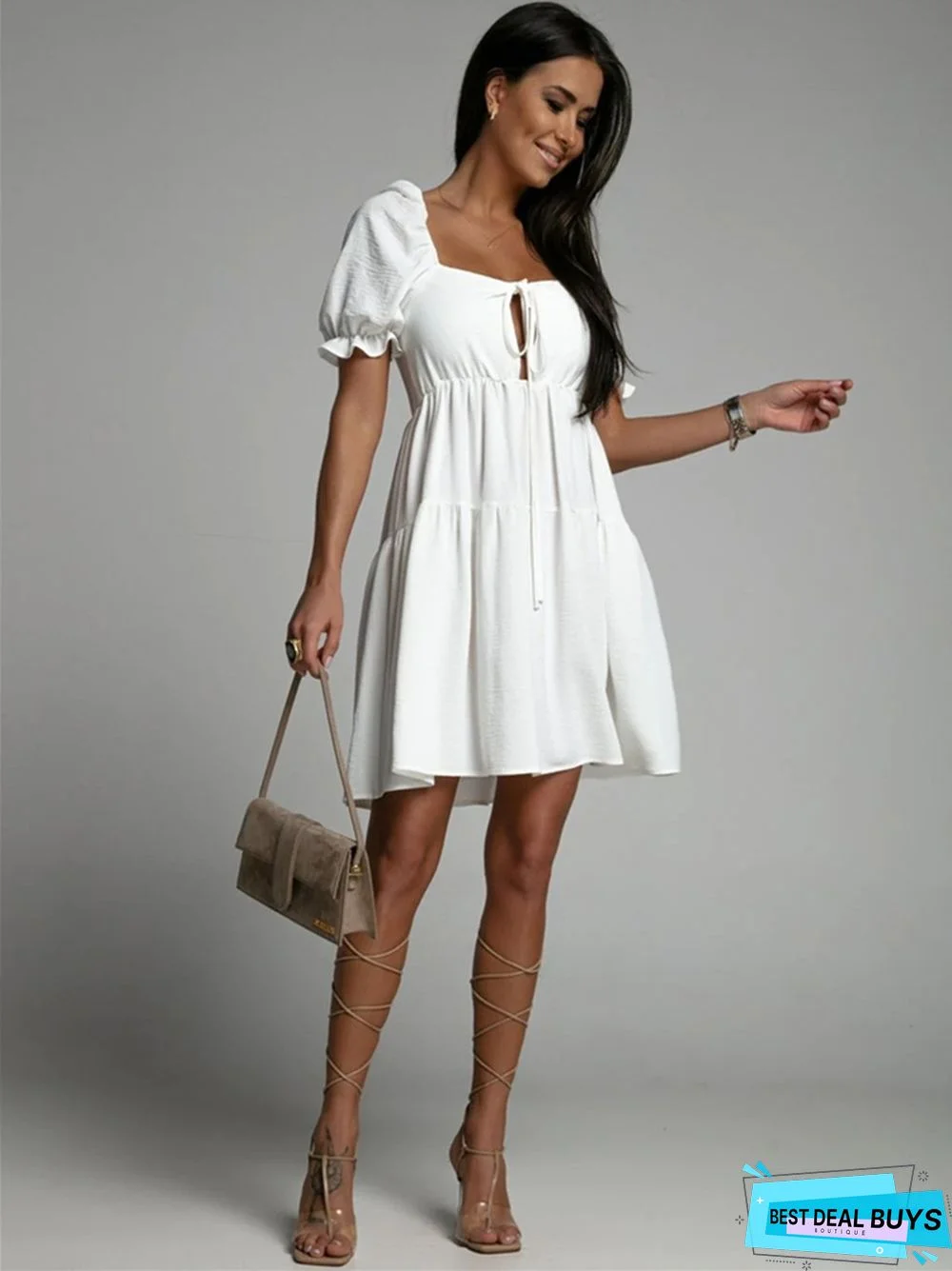 Straight Neckline Waist Open Back Solid Color Sweet Dress