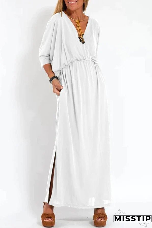 Ultimate Comfort Elastic Waist Half Sleeve Pocketed Slit Maxi Dress