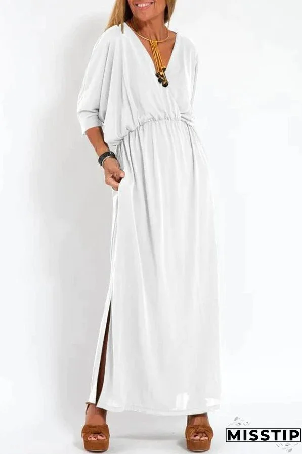 Ultimate Comfort Elastic Waist Half Sleeve Pocketed Slit Maxi Dress