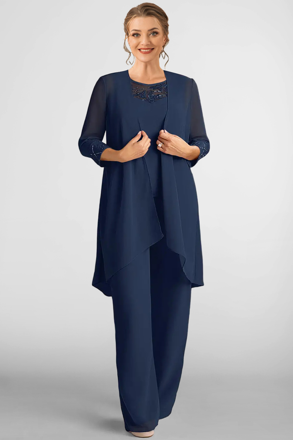 Flycurvy Plus Size Mother Of The Bride Navy Blue Chiffon Lace 3/4 Sleeve Three Piece Pant Suit