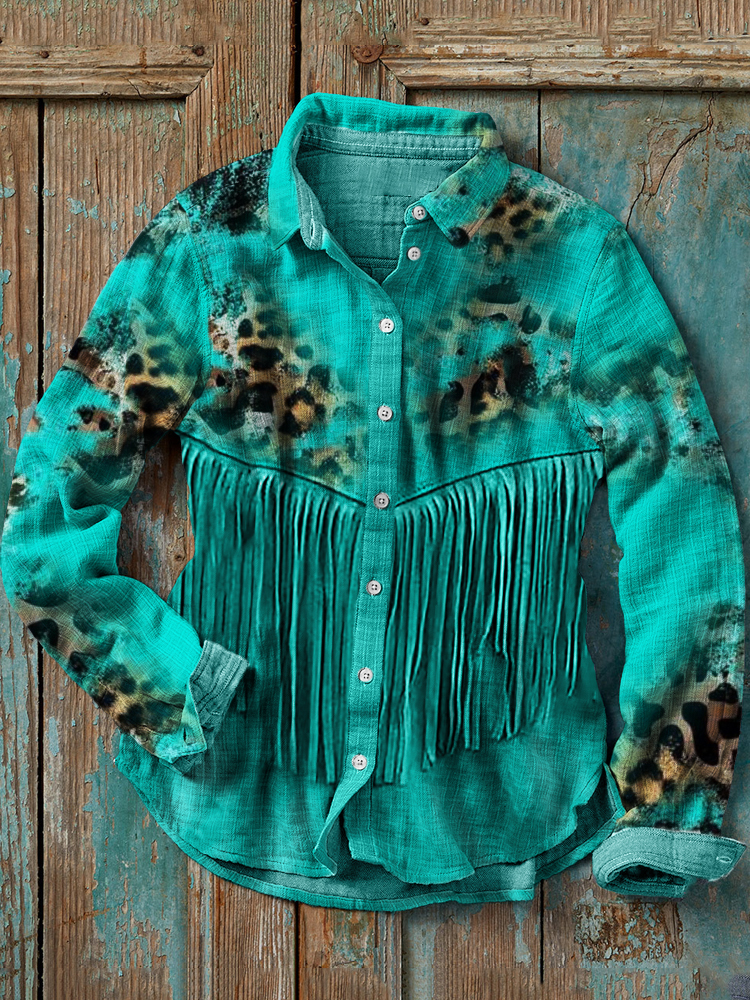  Leopard Cowhide Turquoise Fringe Casual Blouse Westsshops