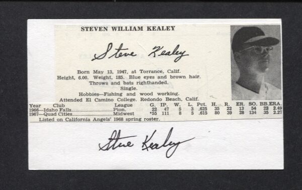 1968-70 STEVE KEALEY-CALIFORNIA ANGELS 3X5 CARD W/Photo Poster painting-EX.